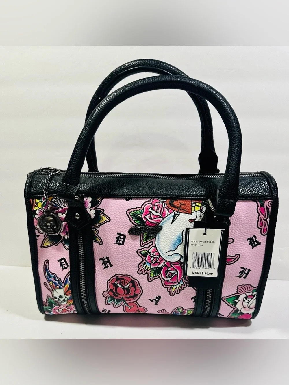 Ed Hardy Pink Floral Tattoo-Print Satchel Handbag